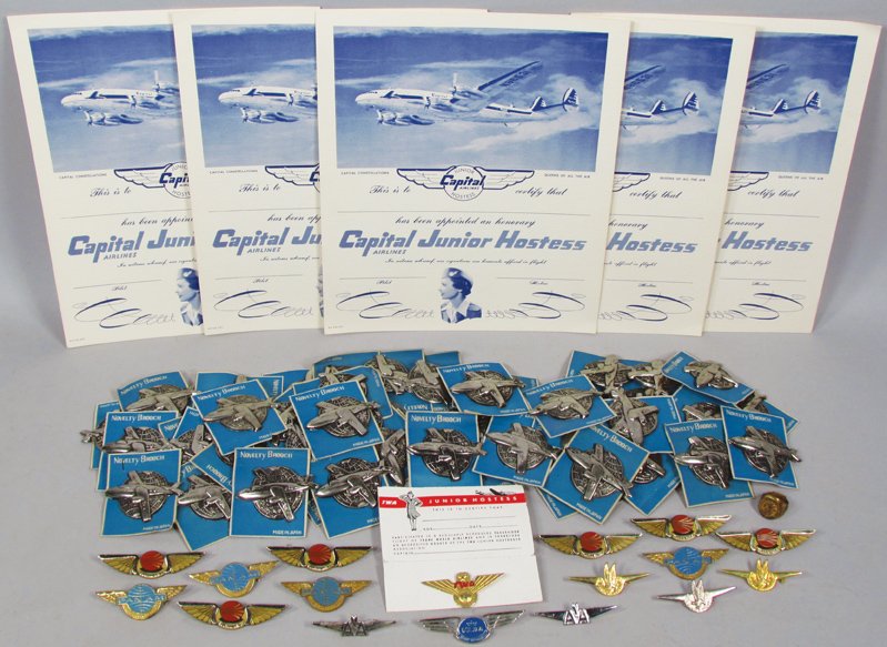 Quantity of Children's Hostess and Pilot Wings: Quantity of Children's Hostess and Pilot Wings. Jr. Hostess Certificates. (6)Continental, (6)American Airlines, (4) Pan Am, TWA and KLM wings and one ring. (52) Novelty Brooches.