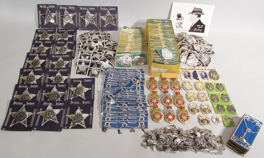 Quantity of Children's Novelty Badges and Jewelry: Quantity of Children's Novelty Badges and Jewelry. Approximately 400 total pieces. Cowboy hat necklace and charm bracelet. Badges include Deputy Sheriff, Special Police, Fire Department and Lieutenant