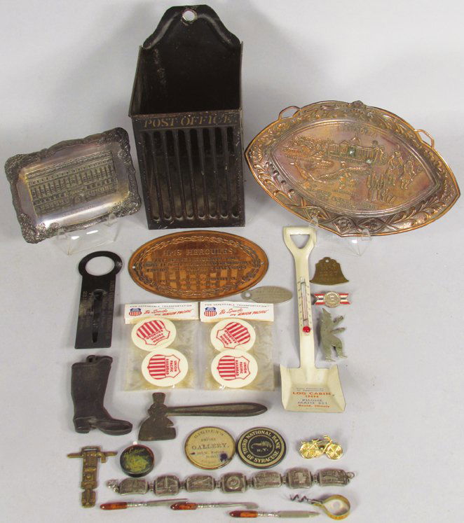 Collection of Souvenir and Advertising Premiums: Collection of Souvenir and Advertising Premiums. 21 items including Puritan Hams mail box, Log Cabin Inn thermometer, US Rubber Co. Boot, Bigden's Empire Gallery Novelty Photo and more.