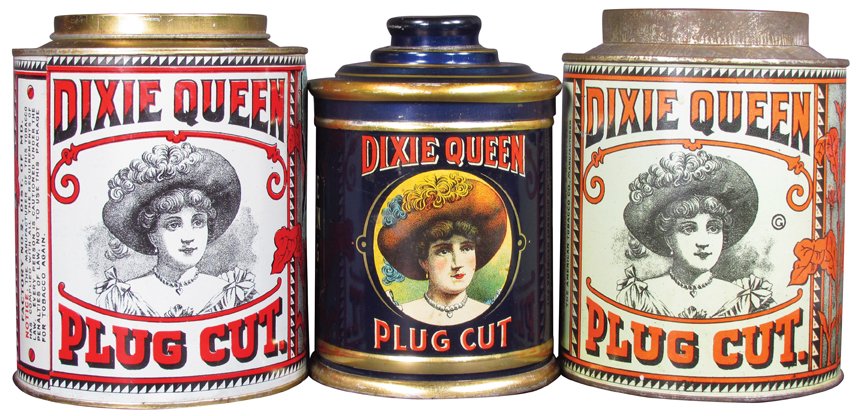 Three Dixie Queen Plug Cut Tobacco Tins: Three Dixie Queen Plug Cut Tobacco Tins. Overall near mint to excellent condition. Small tin measures 6 1/2 inches tall X 4 inch diameter.
