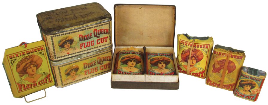 Dixie Queen Plug Cut Tobacco Items: Dixie Queen Plug Cut Tobacco Items. (2) Tobacco tins with paper labels. Store Display box with 2 packs. Free trial sample size pack. (2) Linen tobacco packs and cardboard fan pull. Overall good to exc