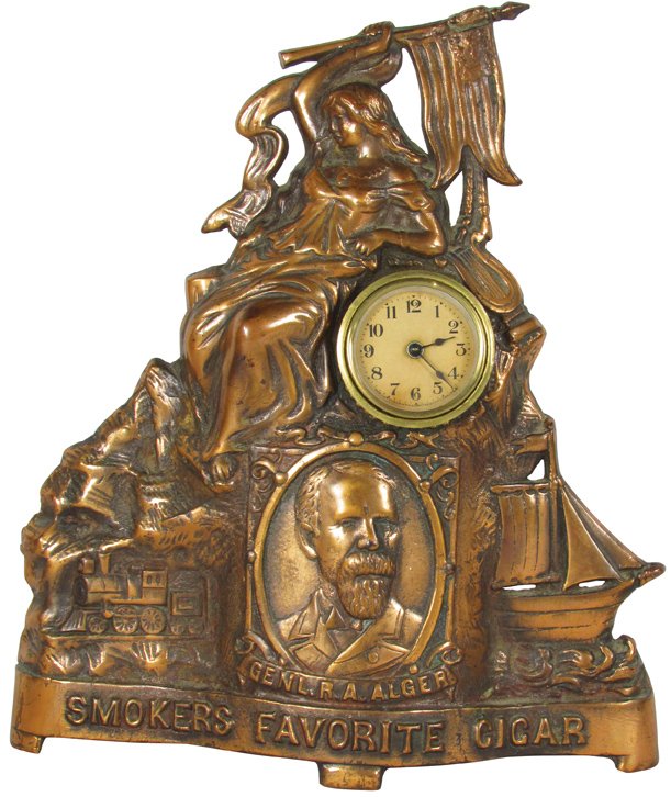Alger's Cigars Advertising Clock: Alger's Cigars Advertising Clock. Made by Golden Novelty Co. Chicago. Copper flashed. Very good original condition. 11 X 12 X 3 inches.
