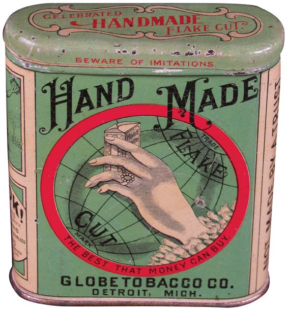 Hand Made Flake Cut Tobacco Pocket Tin: Hand Made Flake Cut Tobacco Pocket Tin. Globe Tobacco Co. Detroit, Mich. Normal crazing and very slight edge wear otherwise very good condition.
