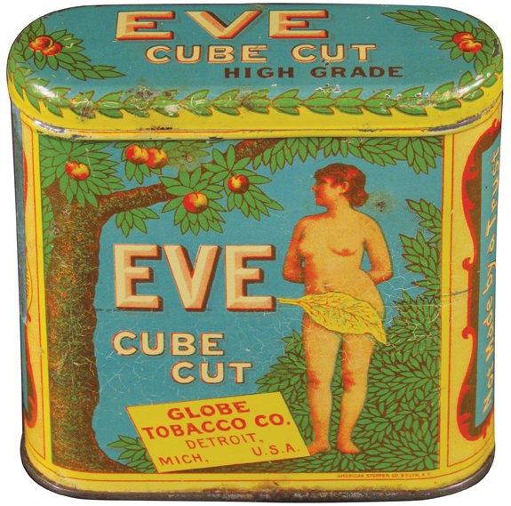 Eve Cube Cut Tobacco Pocket Tin: Eve Cube Cut Tobacco Pocket Tin. Globe Tobacco Co. Detroit, Mich. Normal crazing and stain on back side otherwise good condition.