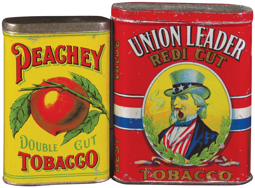 Peachy & Union Leader Tobacco Pocket Tins: Peachy & Union Leader Tobacco Pocket Tins. Peachy Double Cut. Scotten Dillon Co. Detroit, Mich, very good condition. Union Leader Redi Cut. Original tax stamp, scratches and dents otherwise good condi