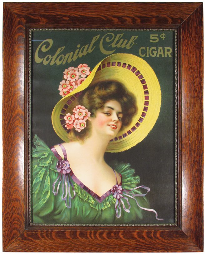 Colonial Club 5 Cent Cigar Paper Sign: Colonial Club 5 Cent Cigar Paper Sign. Mint condition, framed under glass. 16 1/2 X 22 inches image only.