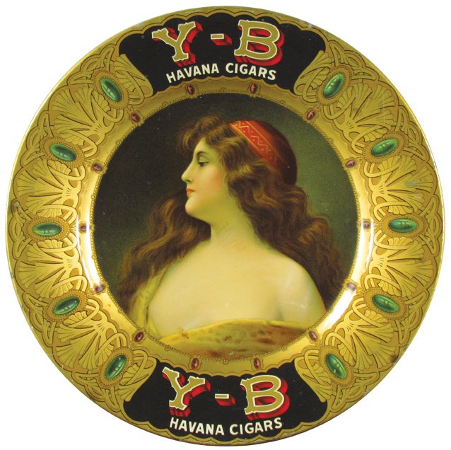 Y-B Havana Cigars Royal Saxony Art Plate: Y-B Havana Cigars Royal Saxony Art Plate. No. 102-Una Gitana. Chas. W. Shonk Co. Chicago. Tiny touch up center bottom and minor edge wear otherwise excellent condition. 10 inch diameter.