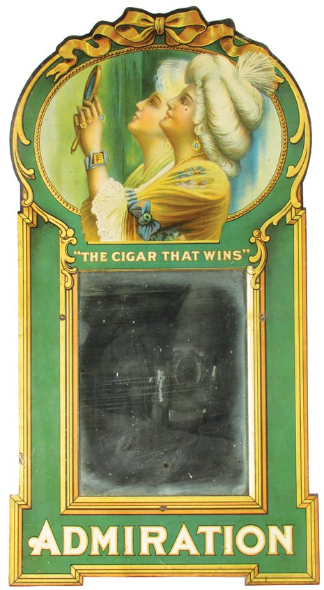 Admiration Cigars Die Cut Tin Advertising Mirror: Admiration Cigars Die Cut Tin Advertising Mirror with easel back. Hauser Mann Mfg. Co. NY and Chicago. Minor edge wear otherwise very good condition. 10 1/4 X 19 1/2 inches.