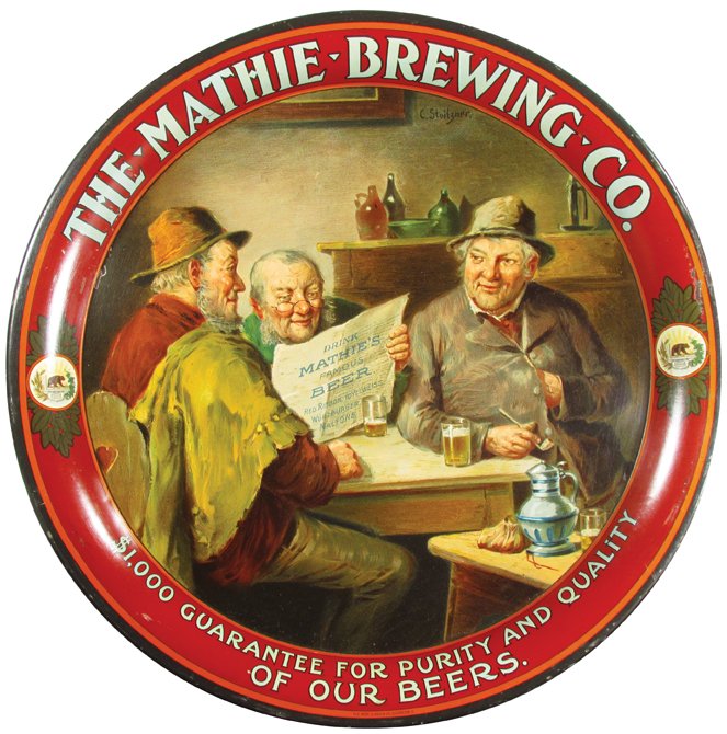 The Mathie Brewing Co. Tin Serving Tray: The Mathie Brewing Co. Tin Serving Tray. The Meek & Beach Co. Coshocton, O. Depicting men sitting around table by artist C. Stuitzner. Minor edge wear otherwise excellent condition. 13 1/4 inch diamet