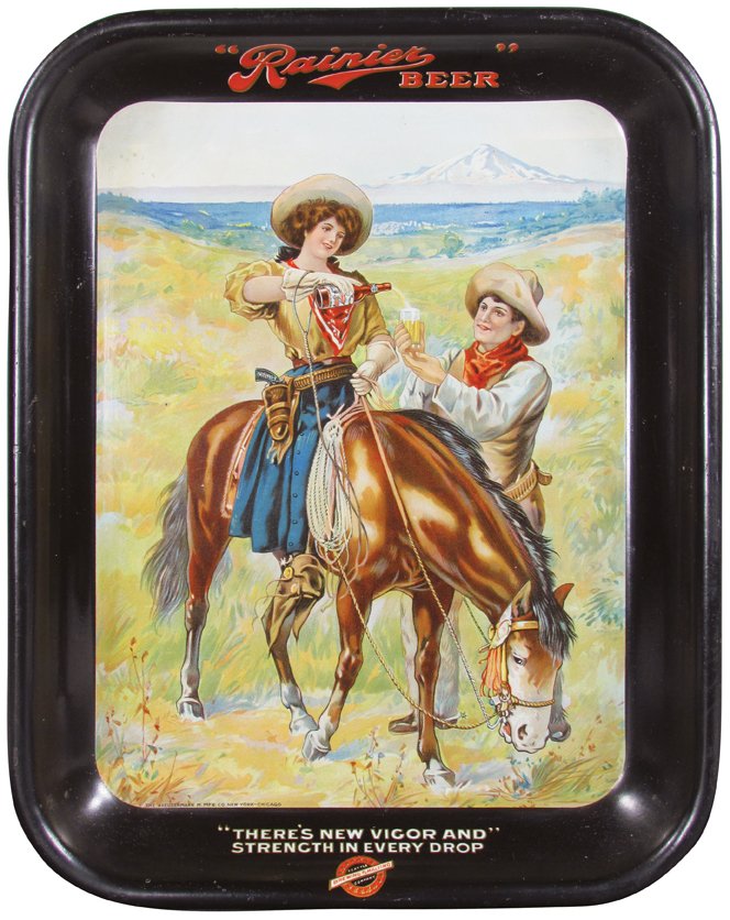 Rainier Beer Tin Serving Tray: Rainier Beer Tin Serving Tray. Seattle Brewing & Malting Co. The Haeusermann M. Mfg. Co. New York-Chicago lithographer. Some touch up on perimeter border otherwise excellent condition. 10 1/4 X 13 1/4
