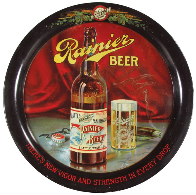 Rainier Beer Tin Serving Tray: Rainier Beer Tin Serving Tray. Seattle Brewing and Malting Co's. The Meek Company. Coshocton, Ohio. Bachrach & Company San Francisco, Pacific Coast Rep. Depicting bottle, glass and cigar. Some restora