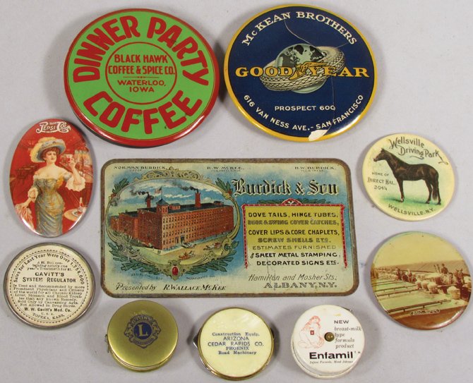 Collection of Advertising Novelty Items: Collection of Advertising Novelty Items. Wellsville Driving Park, Salt Sheds-Syracuse, Pepsi-Cola, Cavitt's, Cedar Rapids pocket mirrors. Enfamil and Lion tape measures. Burdick & Son tin litho page m