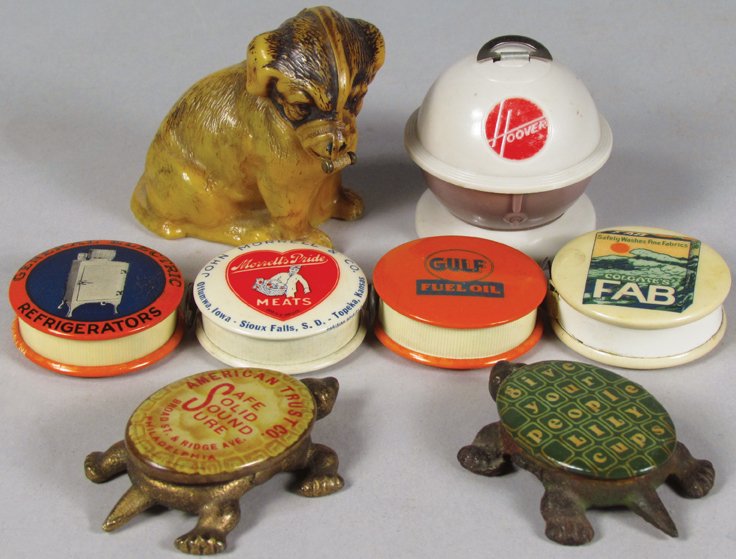 Eight Vintage Advertising Premiums: Eight Vintage Advertising Premiums. Hoover(plastic), Gulf, Morrell's Pride, Colgate's Fab and General Electric celluloid tape measures. Celluloid Dog tape measure. Lilly Cups and America Trust Co. cel