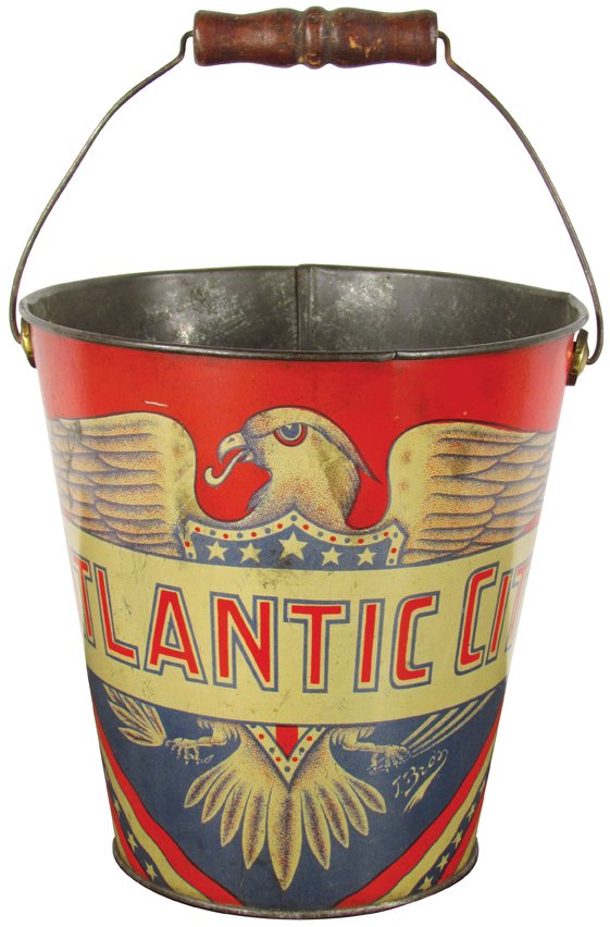 Early Tin Litho Atlantic City Sand Bucket: Early Tin Litho Atlantic City Sand Bucket. Patriotic Eagle image. Very good condition. 6 1/2 inches tall by 6 1/2 inch opening at top.