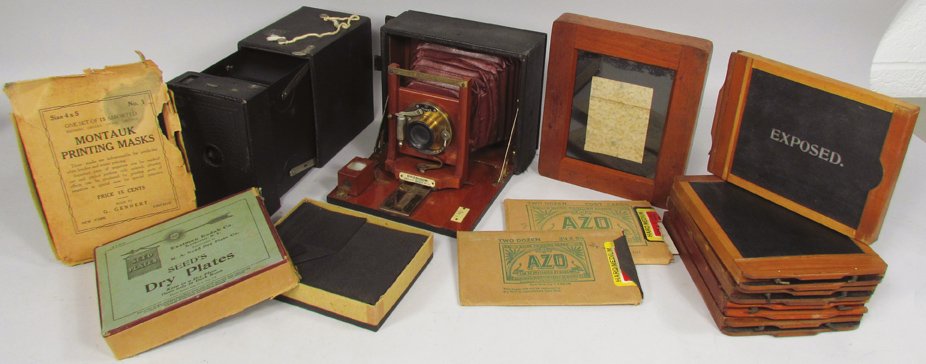 Early Box Camera and Photo Accessories: Early Box Camera and Photo Accessories. Seed's Dry Plates from Eastman Kodak, Developing plates, AZO Printable Postcards, can be developed by Gaslight. Good overall condition.