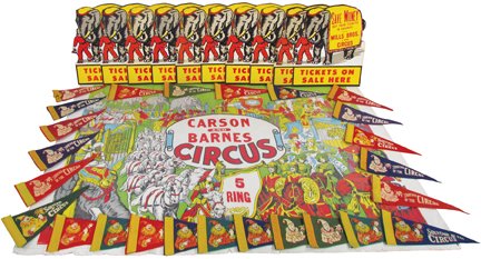 Collection of Vintage Circus Items: Collection of Vintage Circus Items. Carson and Barnes 5 Ring Circus Paper Poster, 42 X 28. 25 Souvenir Circus Felt Pennants. 10 Mills Bros. 3 Ring Circus die cut cardboard easel back signs.