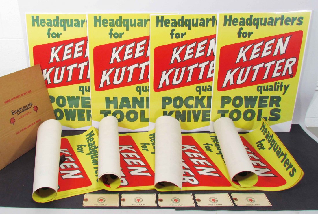 Keen Kutter signs, tags and shipping boxes.: Keen Kutter signs, tags and shipping box. NOS. Paper banners are Power Tools, Power Mowers, Pocket Knives and Hand Tools and measure 15 X 22 inches.