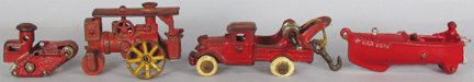 Collection of Vintage Cast Iron Toys: Collection of 4 Vintage Cast Iron Toys. Red Speed Boat, Red Steam Roller, Red Wrecker and small road tracker. Overall good condition.