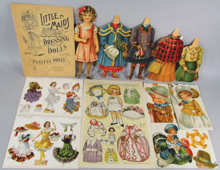 Collection of Vintage Paper Dolls and Cut-Outs: Collection of Vintage Paper Dolls and Cut-Outs. Polly's Paper Playmates, Polly in a German and Russian Dance, supplement to the Boston Post. Little Maids Dressing Dolls Playful Polly by Raphael Tuck &