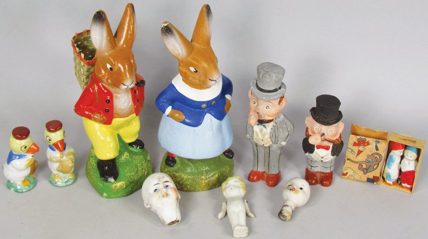 Vintage Children's Toy Figures: Vintage Children's Toy Figures. Beatrix Potter Paper Mache Rabbits made in West Germany, 7 3/4 inches tall. Composite "Crazy Nose" Men made in Germany, 5 inches tall. Porcelain musical ducks, cupie do