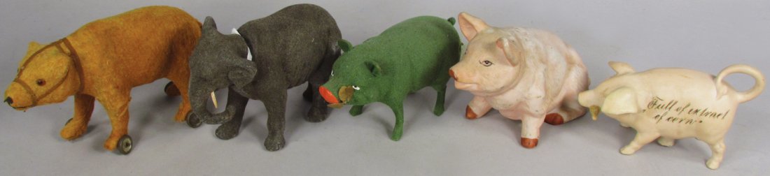 Collection of Antique/Vintage Animal Figures: Collection of Antique/Vintage Animal Figures. German Bear small pull toy, Elephant and hog candy containers. Pig "Extract of Corn" porcelain container and Porcelain Pig. Overall good condition. Extrac