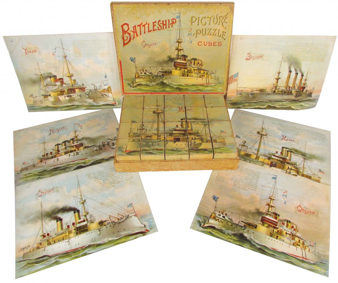 Battle Ship Picture Puzzle by McLoughlin Bros.: Battle Ship Picture Puzzle by McLoughlin Bros. New York. Blocks and pictures complete. Beautiful lithography of 6 ships. Outer box shows wear otherwise very good condition. 13 1/2 X 3 X 10 3/4 inches.