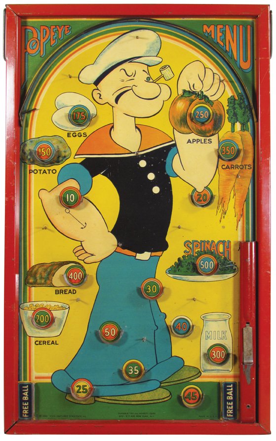 1935 Popeye Tin Pinball Game: 1935 Popeye Tin Pinball Game. King Features Syndicate Inc. Durable Toy and Novelty Corp. Excellent Condition. 14 X 23 inches.