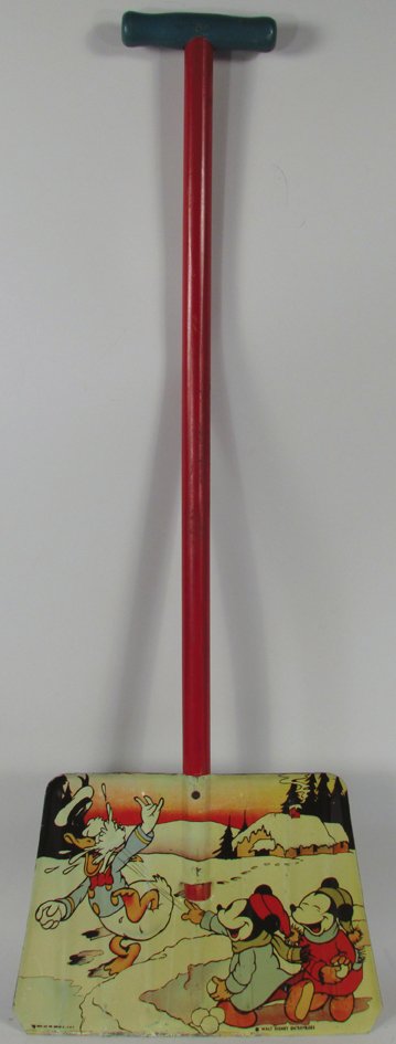 Walt Disney Enterprises Tin Litho Shovel: Walt Disney Enterprises Tin Litho Snow Shovel. Ohio Art Co. Bryan, Ohio. Donald Duck, Mickey and Minnie Mouse. Excellent condition. 10 X 27 1/2 inches.
