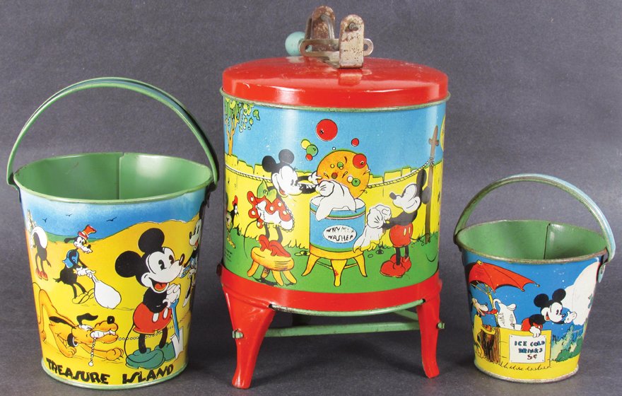 Mickey Mouse Tin Litho Toys: Mickey Mouse Tin Litho Toys. Ohio Art Co. Bryan, Ohio. Childs hand crank washer, Treasure Island sand pail and Drink Stand sand pail. Overall excellent condition. Washer measures 8 inches tall.