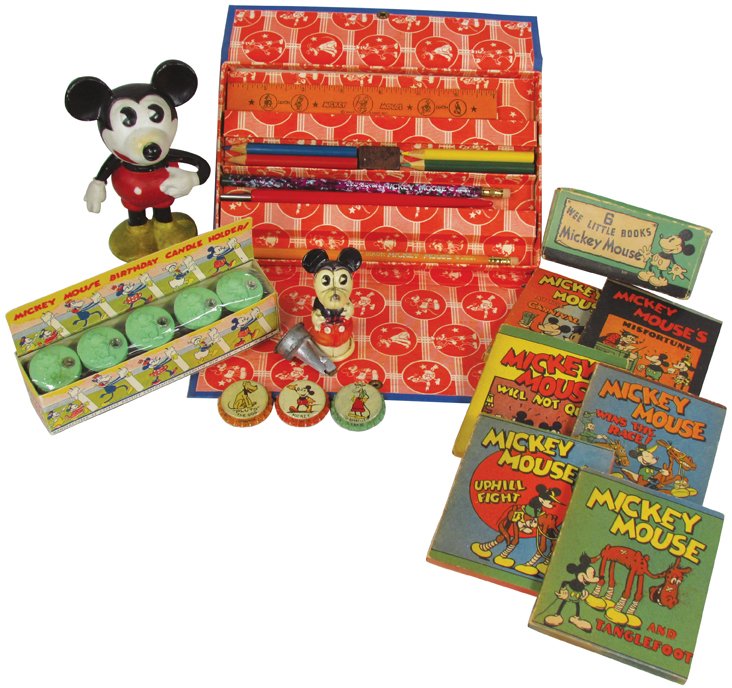 Vintage Mickey Mouse Items: Vintage Mickey Mouse Items. Pencil box, birthday candle holders, set of 6 Wee Little Books, (3) Disney tin litho bottle caps, celluloid Mickey pencil topper and sharpener and porcelain Mickey figure m