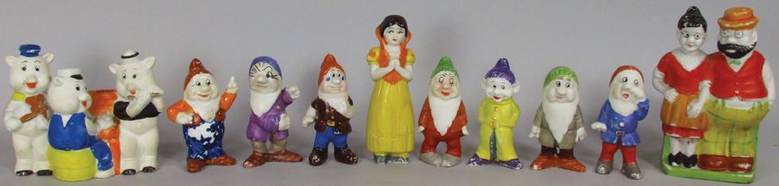 Collection of Vintage Porcelain Character Figures: Collection of Vintage Porcelain Character Figures. Set of Snow White and Seven Dwarfs, marked Japan, some minor paint loss otherwise good condition. Snow White measures 4 1/4 inches tall. Uncle Willy