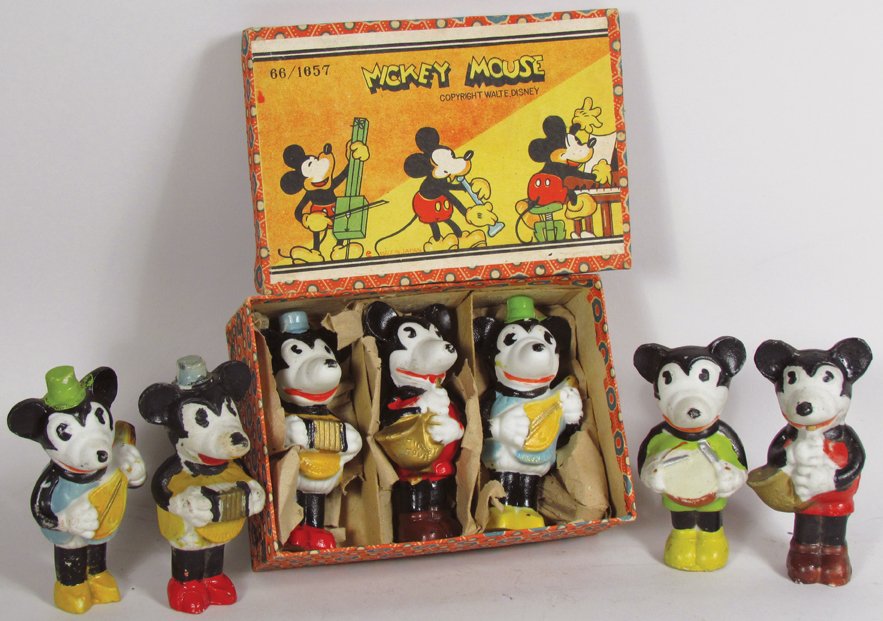 Vintage Mickey Mouse Porcelain Figures: Vintage Mickey Mouse Porcelain Musical Figures. Three in original box, copyright Walt Disney 66/1657 and four additional figures. Minor paint loss, no chips or cracks. Approx. 3 1/2 inches tall each.
