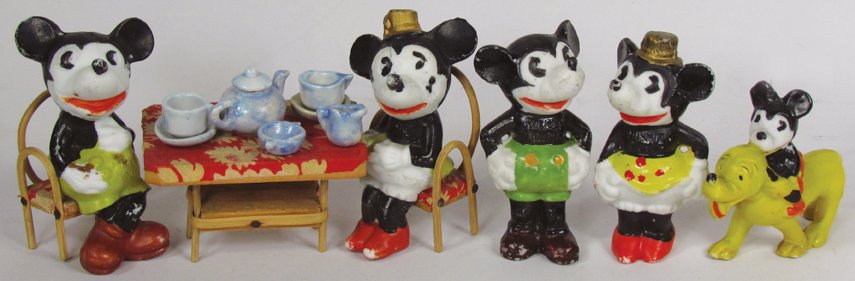 Vintage Mickey Mouse Porcelain Figures: Vintage Mickey Mouse Porcelain Figures. Mickey and Minnie Tea Party, Mickey riding Pluto, Mickey in green and Minnie in yellow. Minor paint loss, no chips or cracks. Seated figures measure 3 inches ta