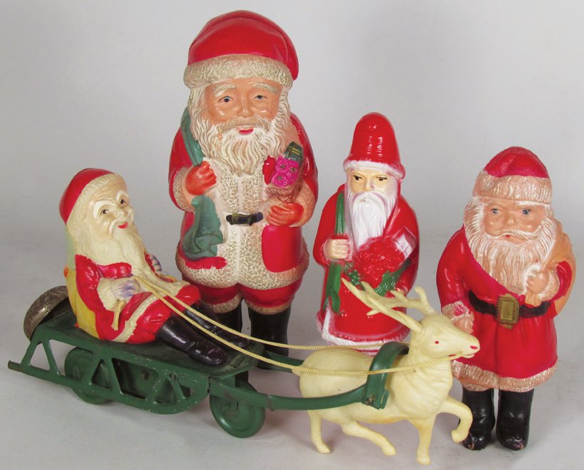 Four Celluloid Santa Figures: Four Celluloid Santa Figures, circa 1930's. Overall very good condition. Santa on sleigh measures 8 inches long.