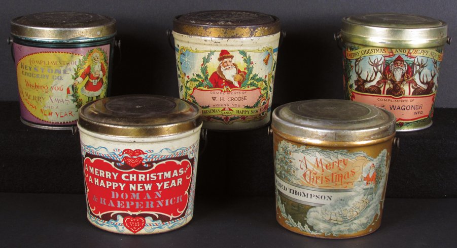 Five Christmas Motif Candy Pails: Five Christmas Motif Candy Pails. W.H. Croose, Keystone Grocery, J.P. Wagoner, Doman & Kaepernick and Fred Thompson. Overall very good to fair condition.