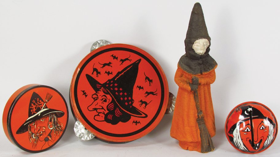 Four Vintage Halloween Items: Four Vintage Halloween Items. Molded paper witch. (2) tin litho noise makers and tin litho tambourine. All in near mint to excellent condition. Witch measures 9 1/4 inches tall.