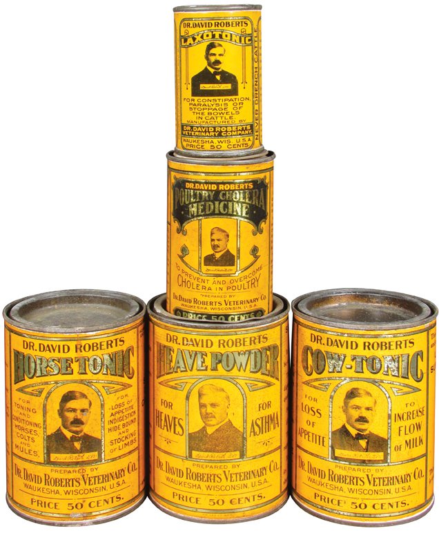 Dr. David Roberts Veterinary Tins: Dr. David Roberts Veterinary Tins. Cow-tonic, Horse Tonic, Heave Powder, Poultry Chollar and Laxotonic. Some minor wear otherwise overall good condition.