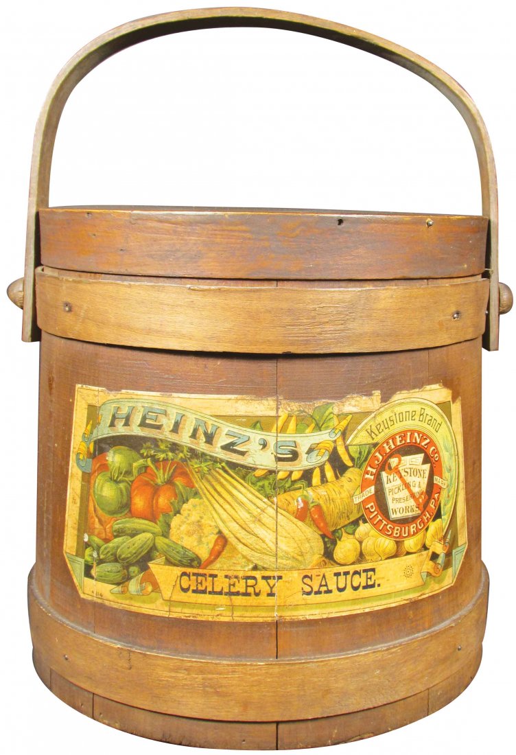 Heinz's Celery Sauce Wood Pail: Heinz's Celery Sauce Wood Pail. Original lid and paper label. Age darkening of label and minor paper loss otherwise good condition. 9 3/4 inches tall X 10 inches diameter.