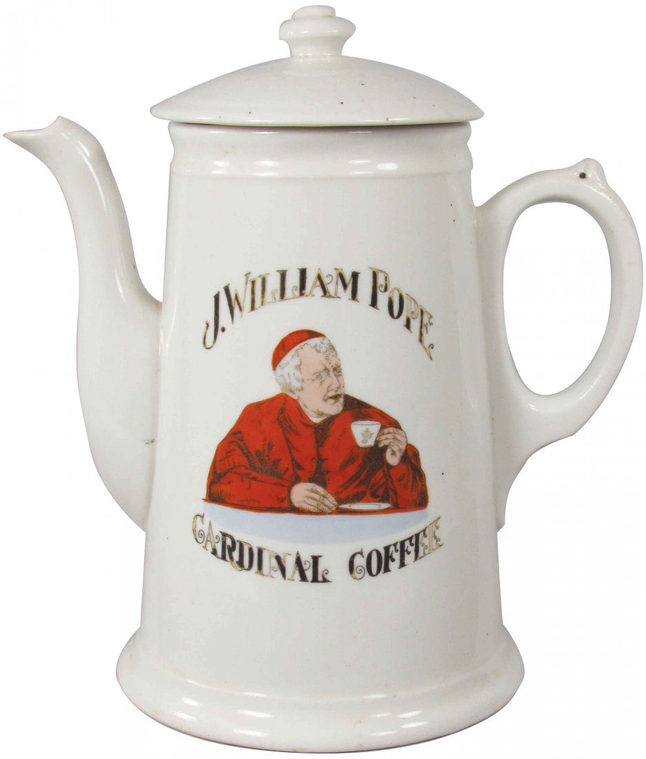 J. William Pope Cardinal Coffee Porcelain Coffee Pot: J. William Pope Cardinal Coffee Porcelain Coffee Pot. Surface crack in bottom otherwise very good condition. 10 inches tall.