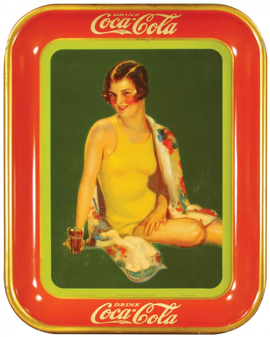 1929 Coca Cola Tin Serving Tray: 1929 Coca Cola Tin Serving Tray. Girl in yellow swimsuit with rose cover-up. American Art Works. Edge wear otherwise excellent condition. 10 1/2 X 13 1/4 inches.