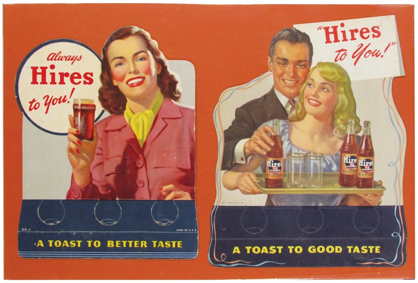 Two Hires Root beer Die Cut Cardboard Toppers: Two Hires Root beer Die Cut Cardboard Bottle Toppers. Both in excellent condition. Largest measures 8 3/4 X 11 inches.