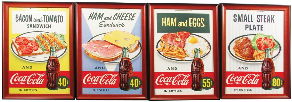 Four Coca Cola Soda Fountain Cardboard Signs: Four Coca Cola Soda Fountain Cardboard String Hanging Signs. Copyright 1952, The Coca-Cola Company. All framed ready for display. Each 12 3/4 X 18 inches overall.