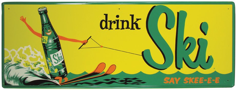 Drink "Ski" Soda Self Framed Tin Sign: Drink "Ski" Soda Self Framed Tin Sign. Near mint condition. 31 3/4 X 11 3/4 inches.