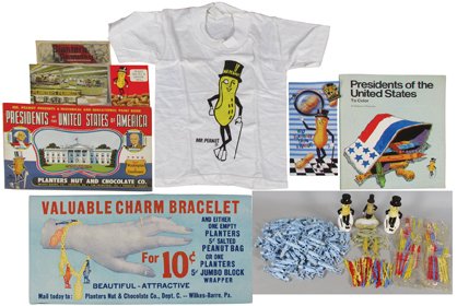 Collection of Planter's Peanut Novelty Items: Collection of Planter's Peanut Novelty Items. Plastic whistles, charms and appetizer picks. Ceramic salt and pepper shaker and figural dish. Mr. Peanut books and ink blotter. Child's size t-shirt and 