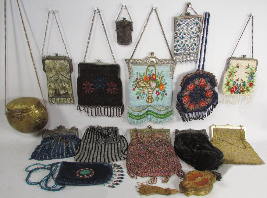 Collection of Antique Handbags including beaded: Collection of Antique Handbags, Victorian Dresser Box and Vintage Velvet Bag. 11 very early beaded bags, most with metal frame closure, ca. late 1800's. Victorian velvet bag with metal frame closure.