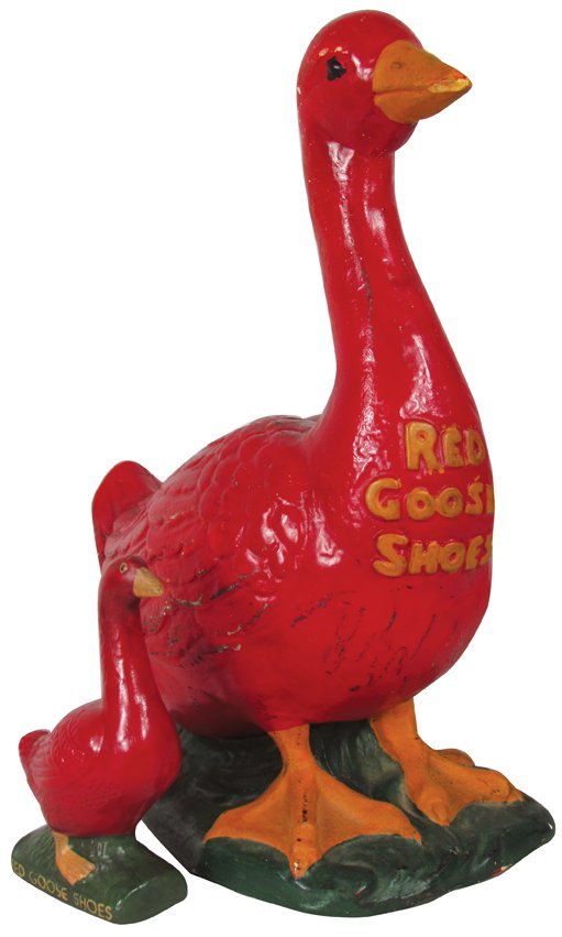 Two Red Goose Shoes Chalk ware Figures: Two Red Goose Shoes Chalk ware Figures. Large and small goose figures. Both in excellent condition. Large goose measures 11 1/4 inches tall.