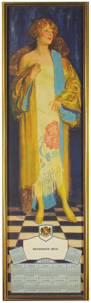 1927 Yard long Calendar for Selz Shoes: 1927 Yard long Calendar for Selz Shoes. Meierhoper Bros. Woman in gold robe by Artist McClelland Barclay. Repair at bottom edge otherwise excellent condition. 9 3/4 X 36 1/2 inches image only.