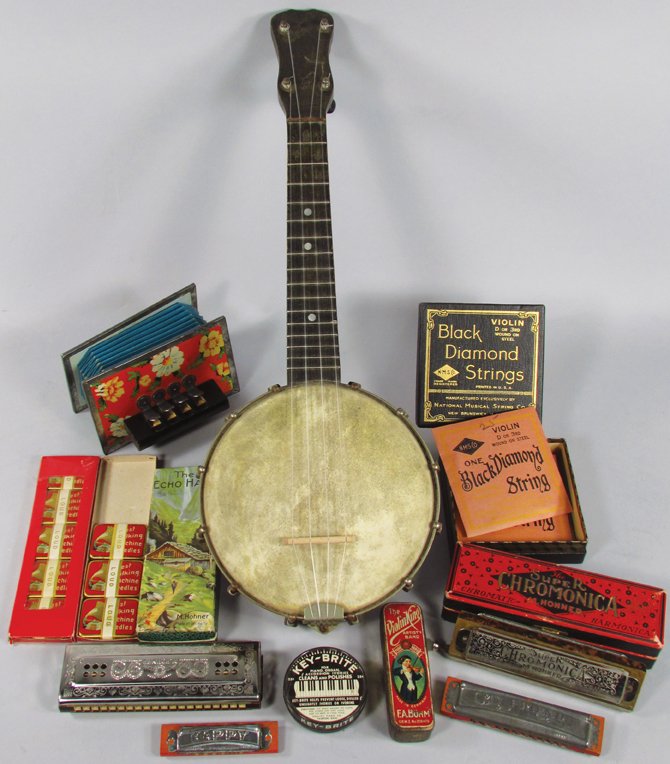 Collection of Musical Instruments and Related Items: Collection of Musical Instruments and Related Items. 9 items include miniature organ, banjo, harmonicas, record needles and Black Diamond Strings. Various conditions.