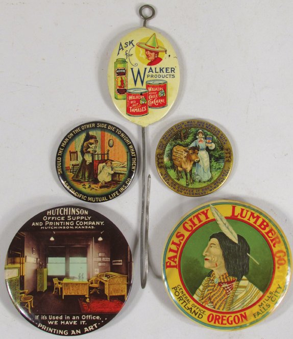 Collection of Celluloid Advertising Items: Collection of Celluloid Advertising Items. Falls City Lumber Company and Hutchinson Office Supply and Printing Co. Celluloid Advertising Paper Weight Mirrors. Pacific Mutual and Horlicks Pocket Mirror
