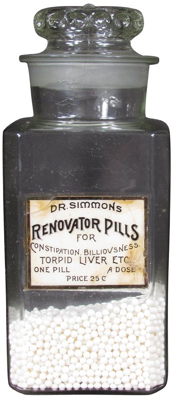 Label Under Glass Apothecary Jar: Label Under Glass Apothecary Jar for Dr. Simmon's Renovator Pills. Cracks and discoloration on label and ground glass lid has chips otherwise good condition. 5 X 12 X 5 inches.